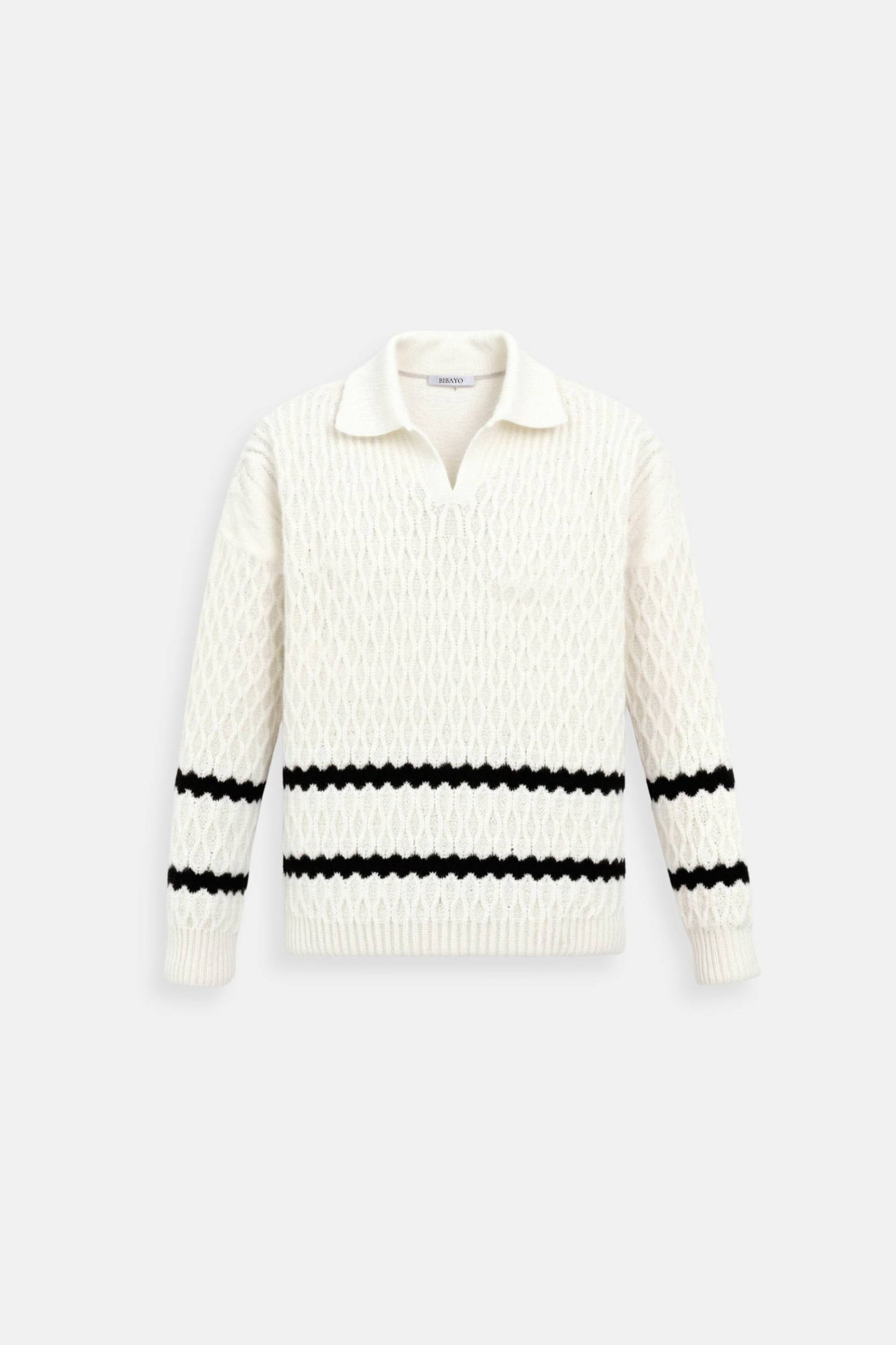 Elegant Cable Knit Striped Diamond Textured Collared Sweater