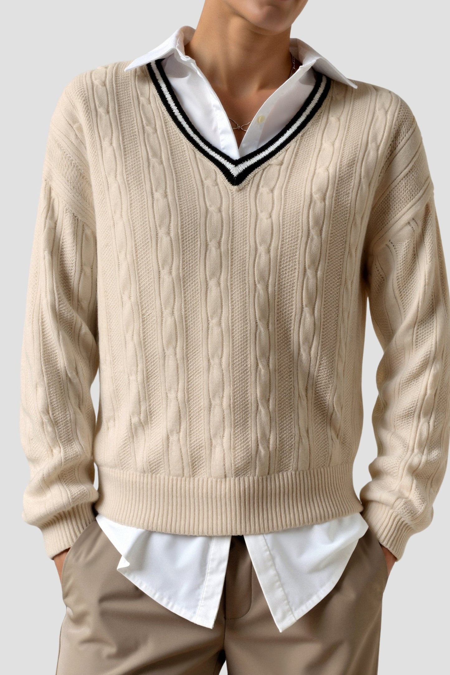 Old Money Contrast Trim V Neck Elegant Cable Knit Long Sleeve Sweater