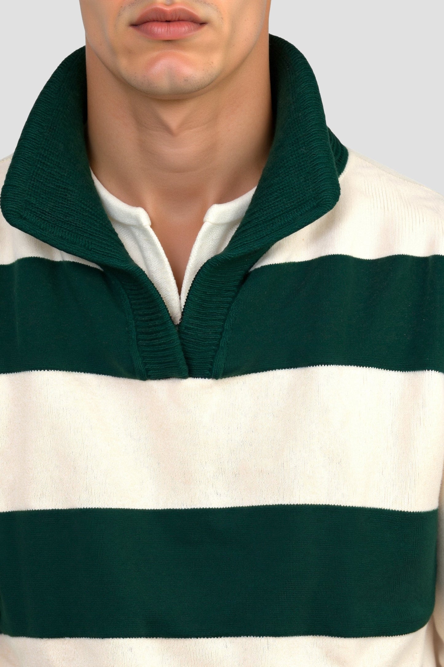 Old Money Green Color Block Striped Knitted Polo Sweater
