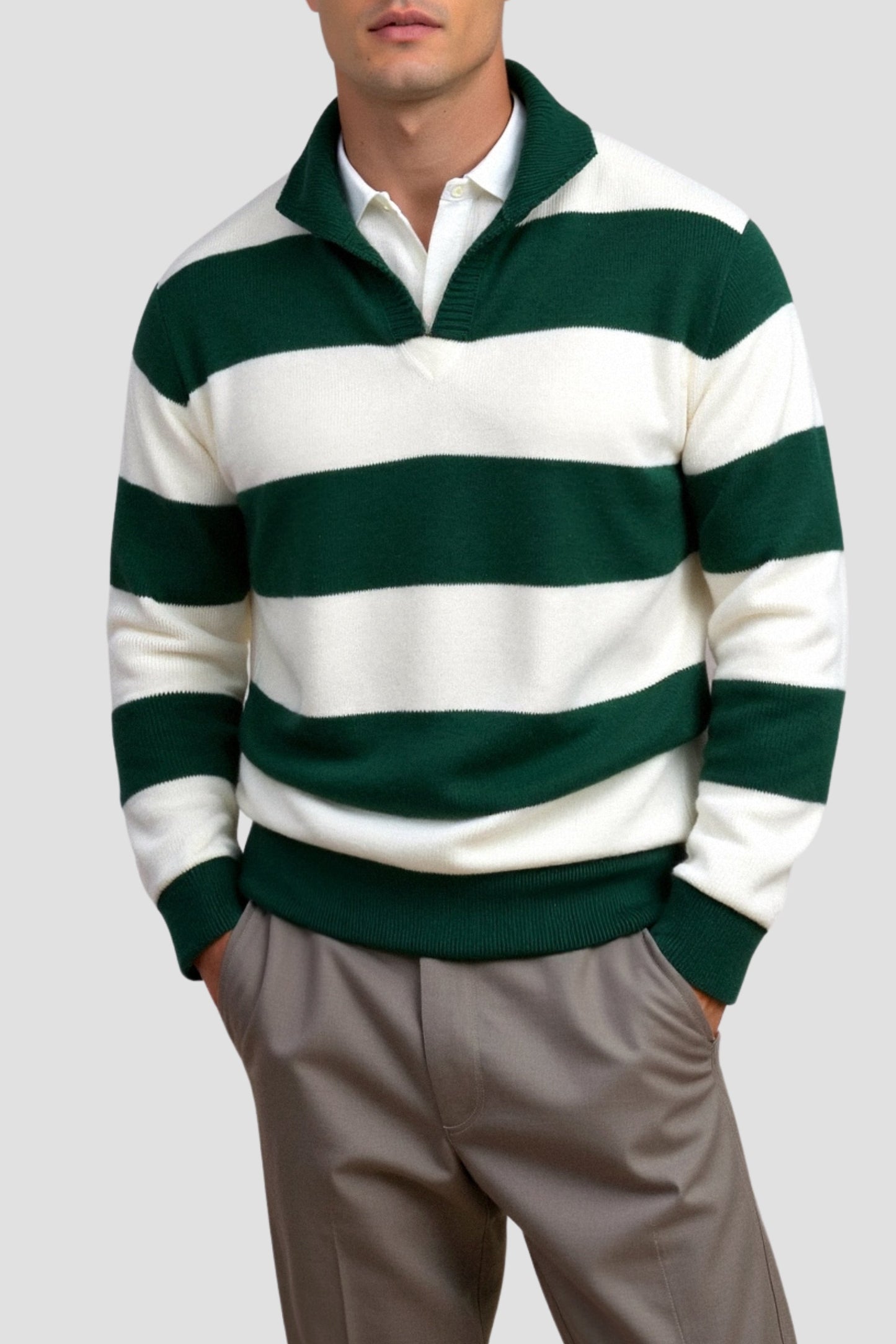 Old Money Green Color Block Striped Knitted Polo Sweater