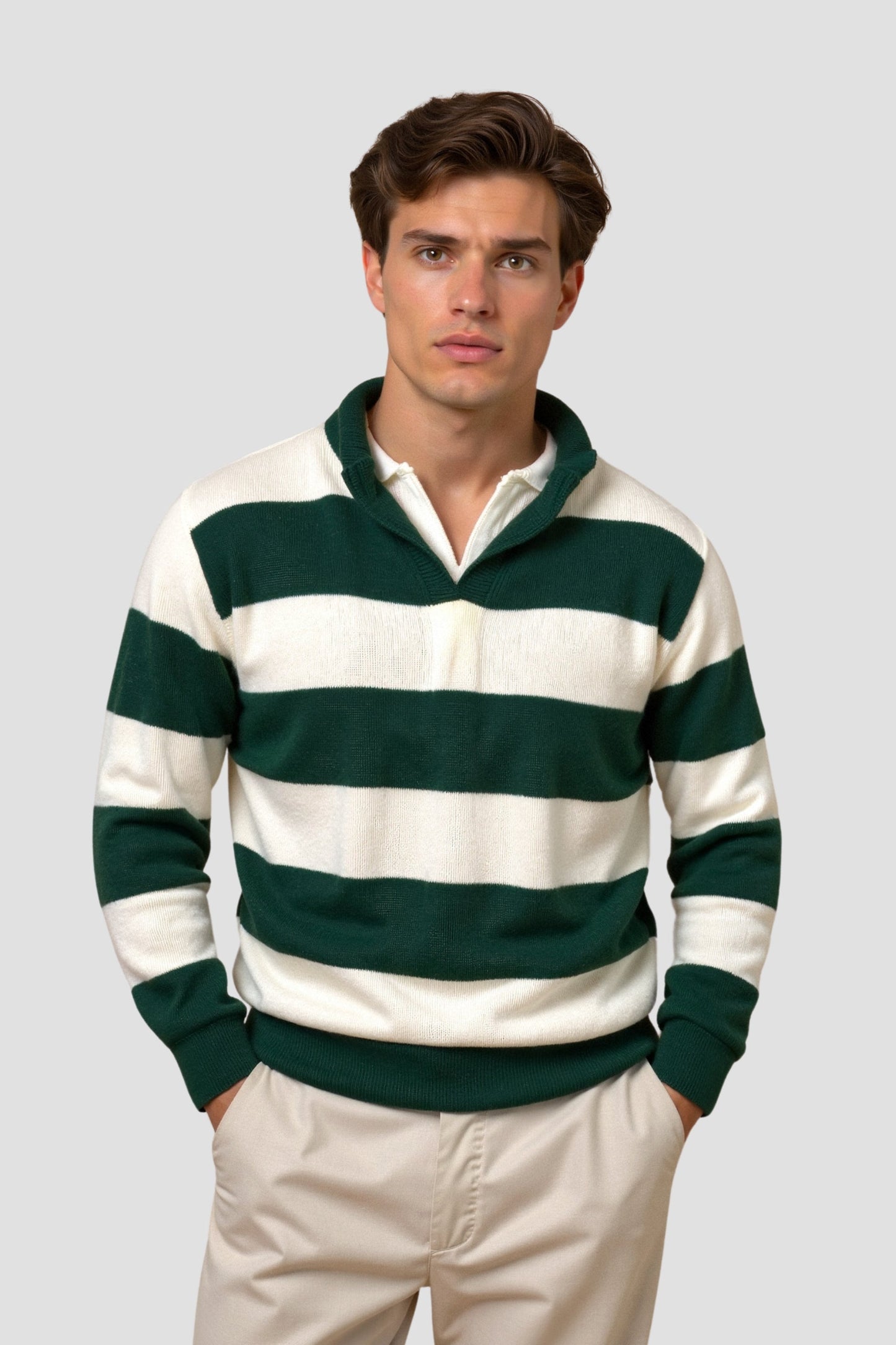 Old Money Green Color Block Striped Knitted Polo Sweater