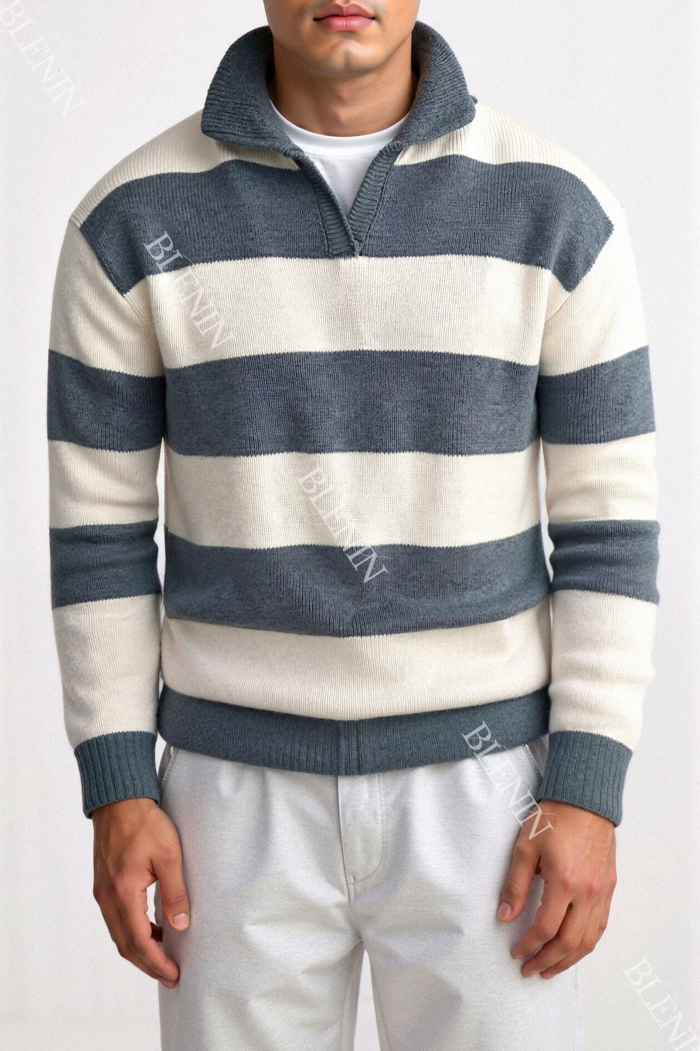 Old Money Green Color Block Striped Knitted Polo Sweater
